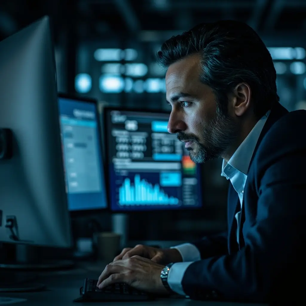 Risk analyst reviewing contracts