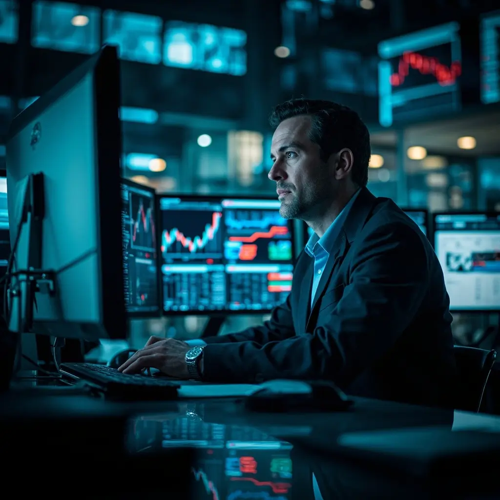 Financial analysts with multiple monitors