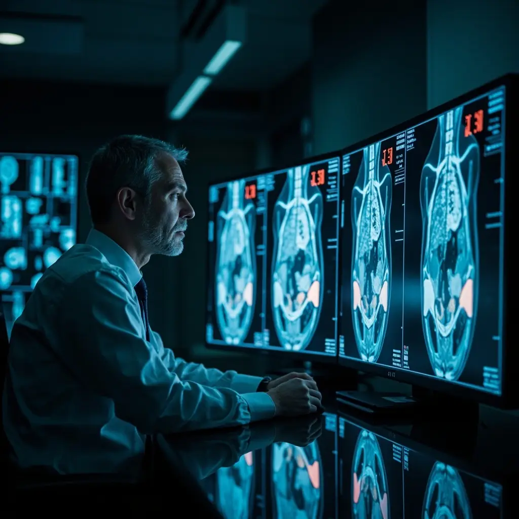 Radiologist with AI-highlighted findings