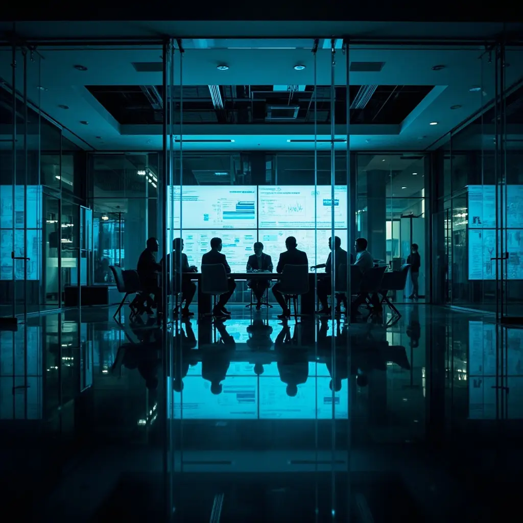 Executives meeting with data on screens