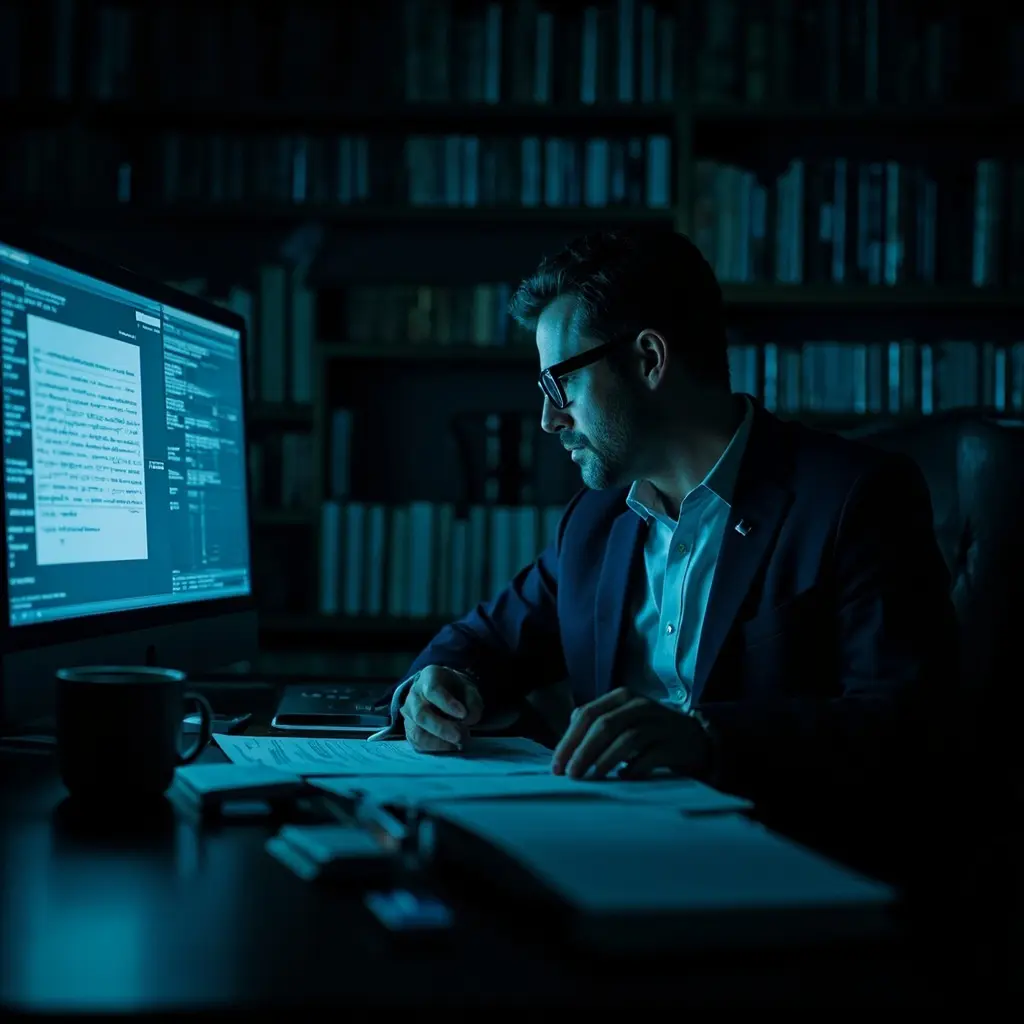 Lawyer reviewing contracts at night