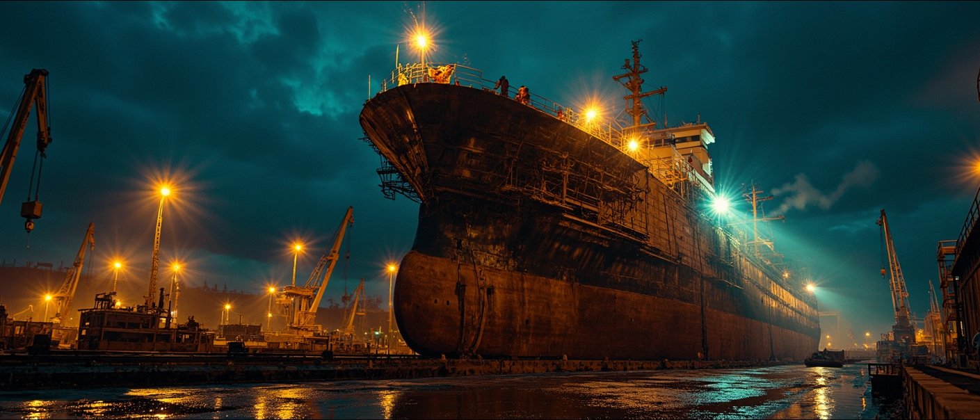 A shipyard at night with a ship under construction covered in scaffolding