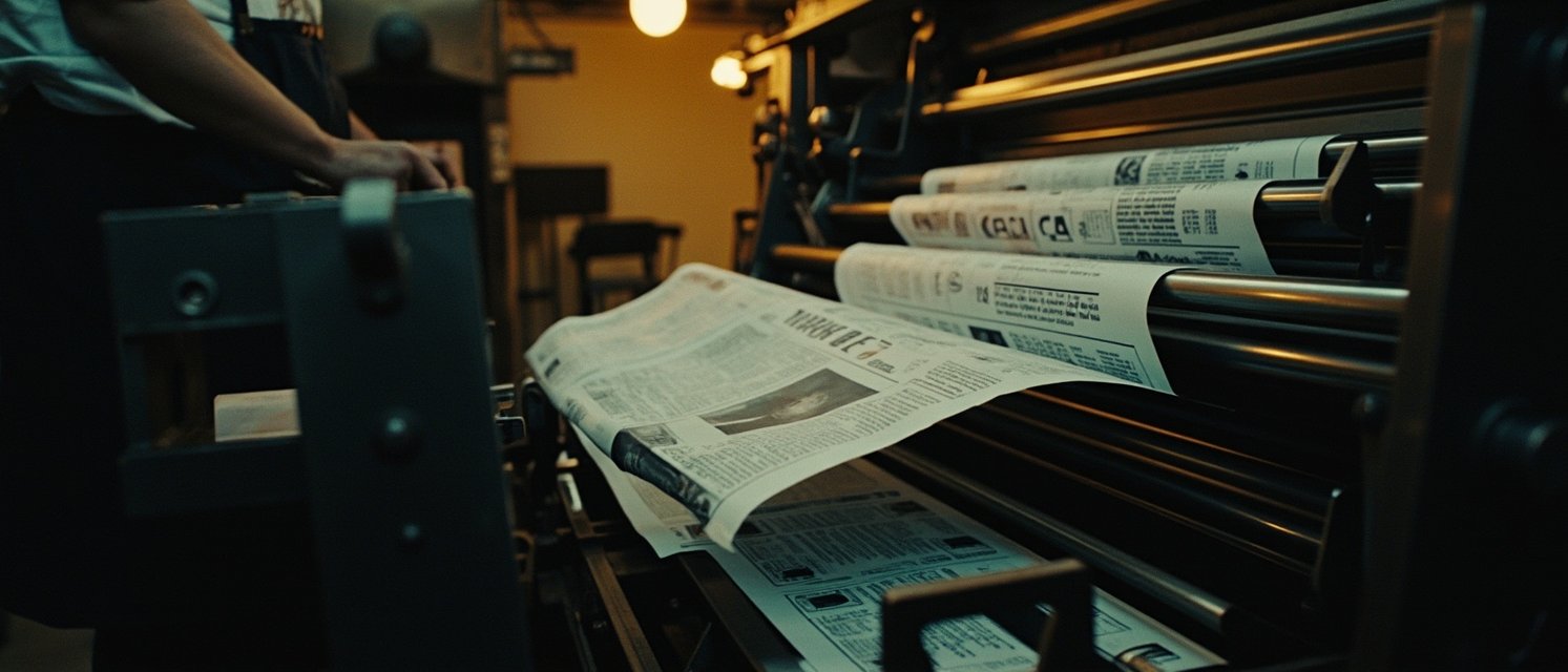A rotary press printing newspapers in motion