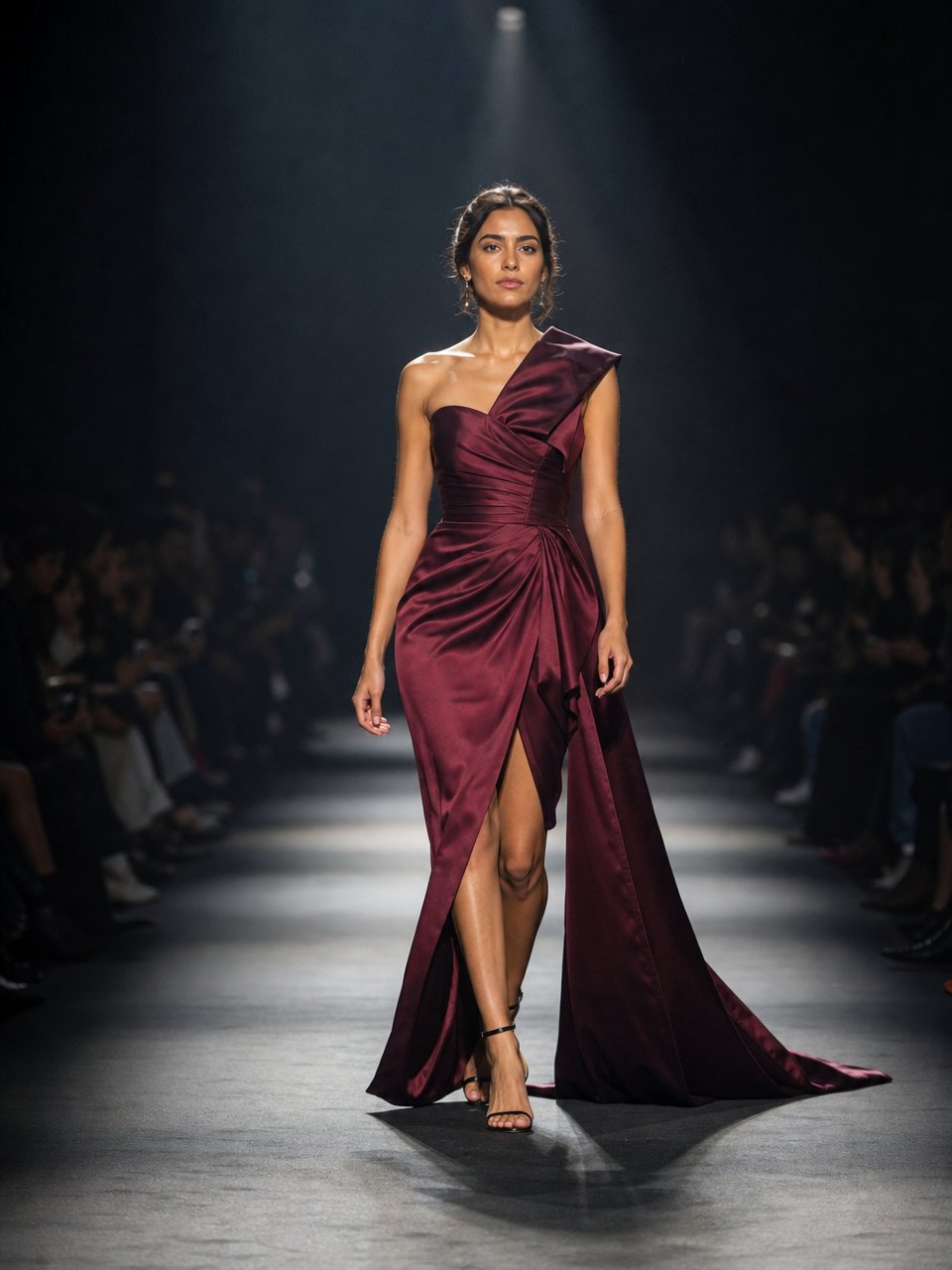 The character on a haute couture runway, sleek bun and evening gown