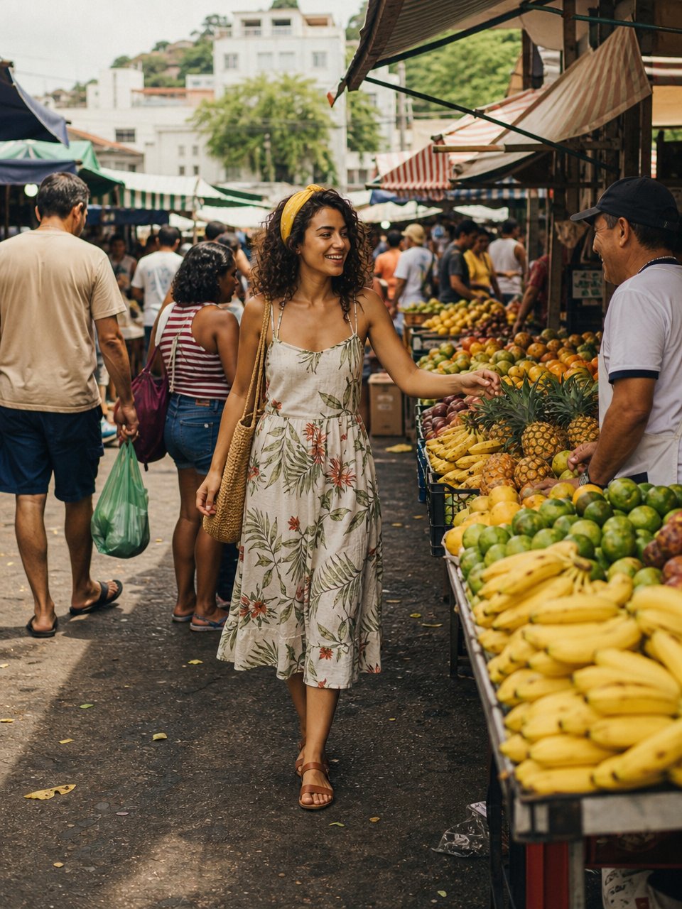 The character laughing at a street market, a scarf in her hair