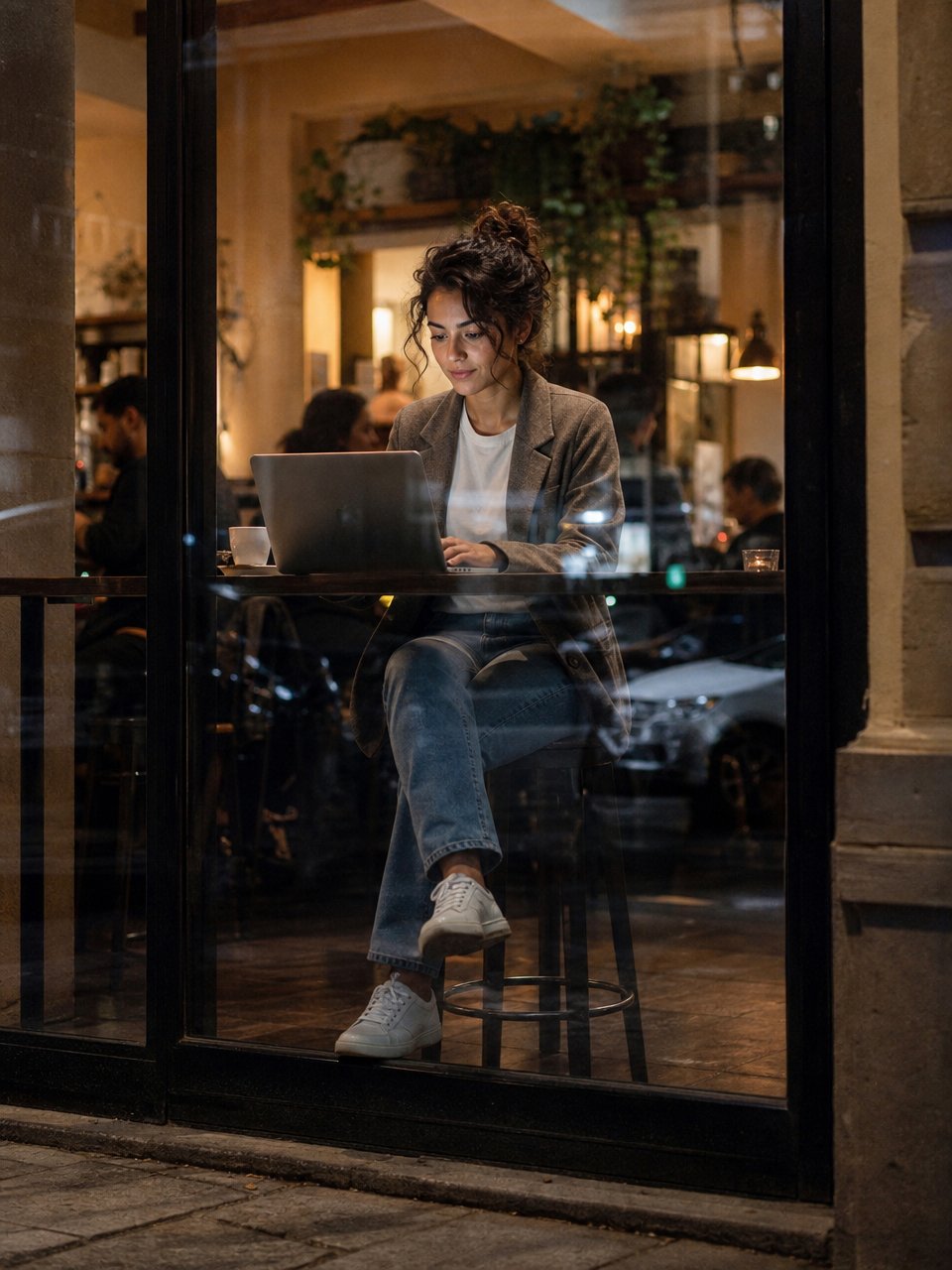 The character seen through a café window, working at night