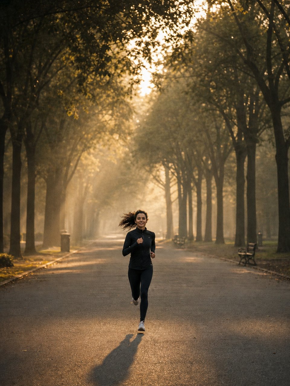 The character running through a tunnel of trees at dawn