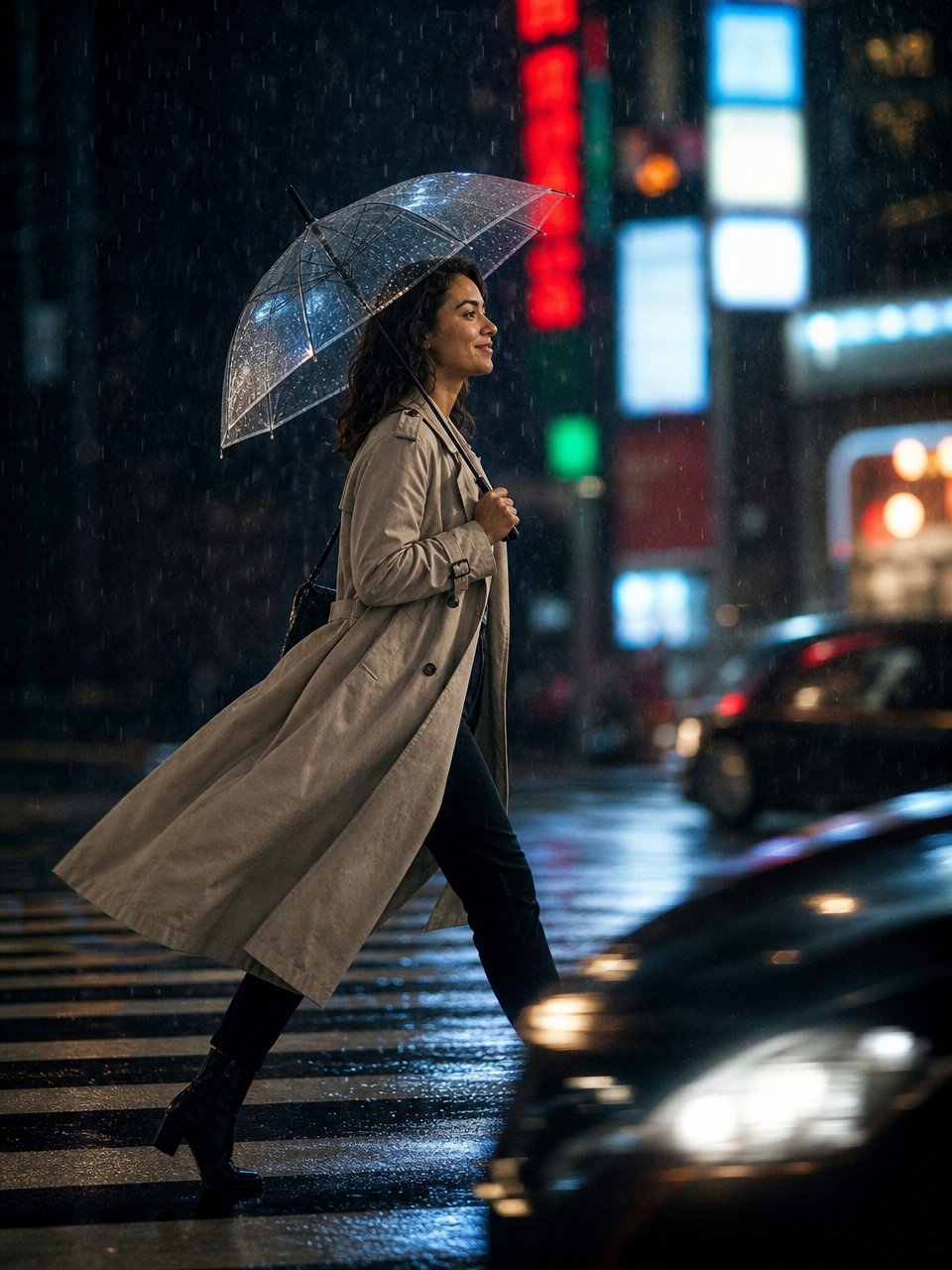The character in profile crossing the city at night in the rain