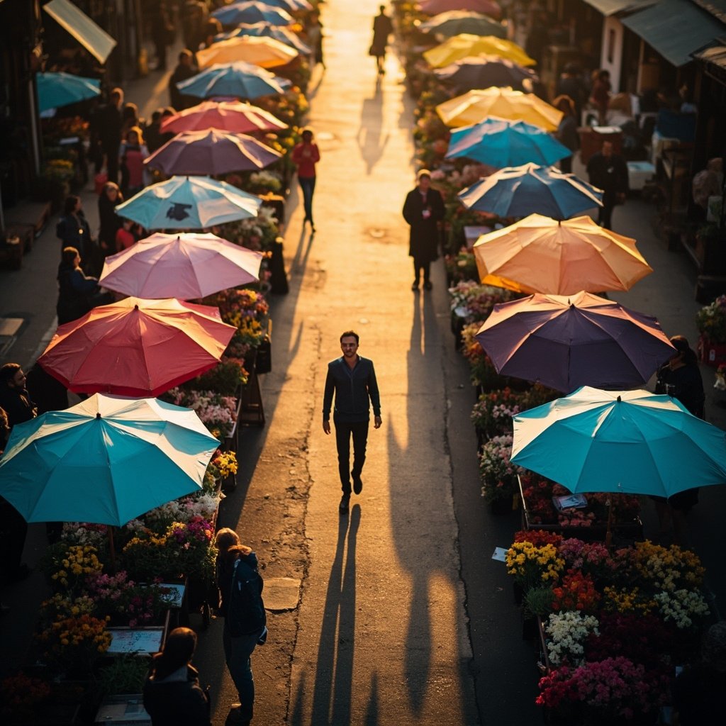 An aerial view of a flower market at dawn