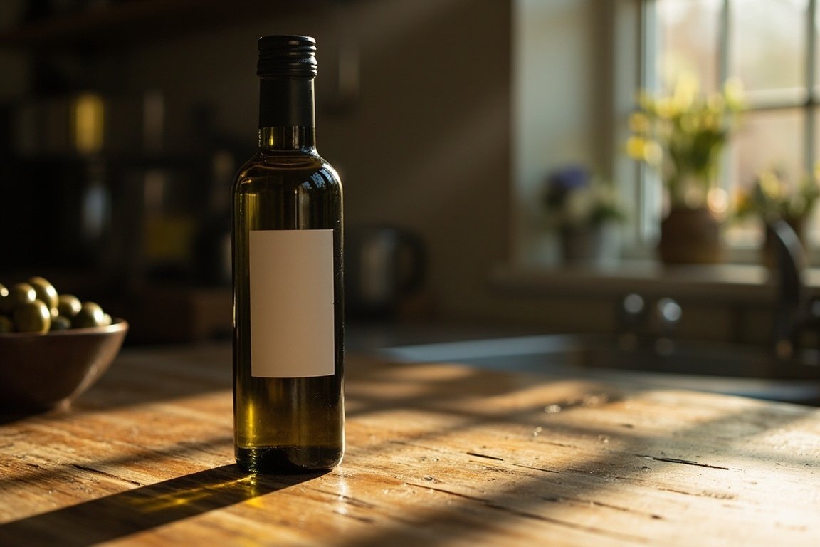 Before: an olive oil bottle on a wooden table