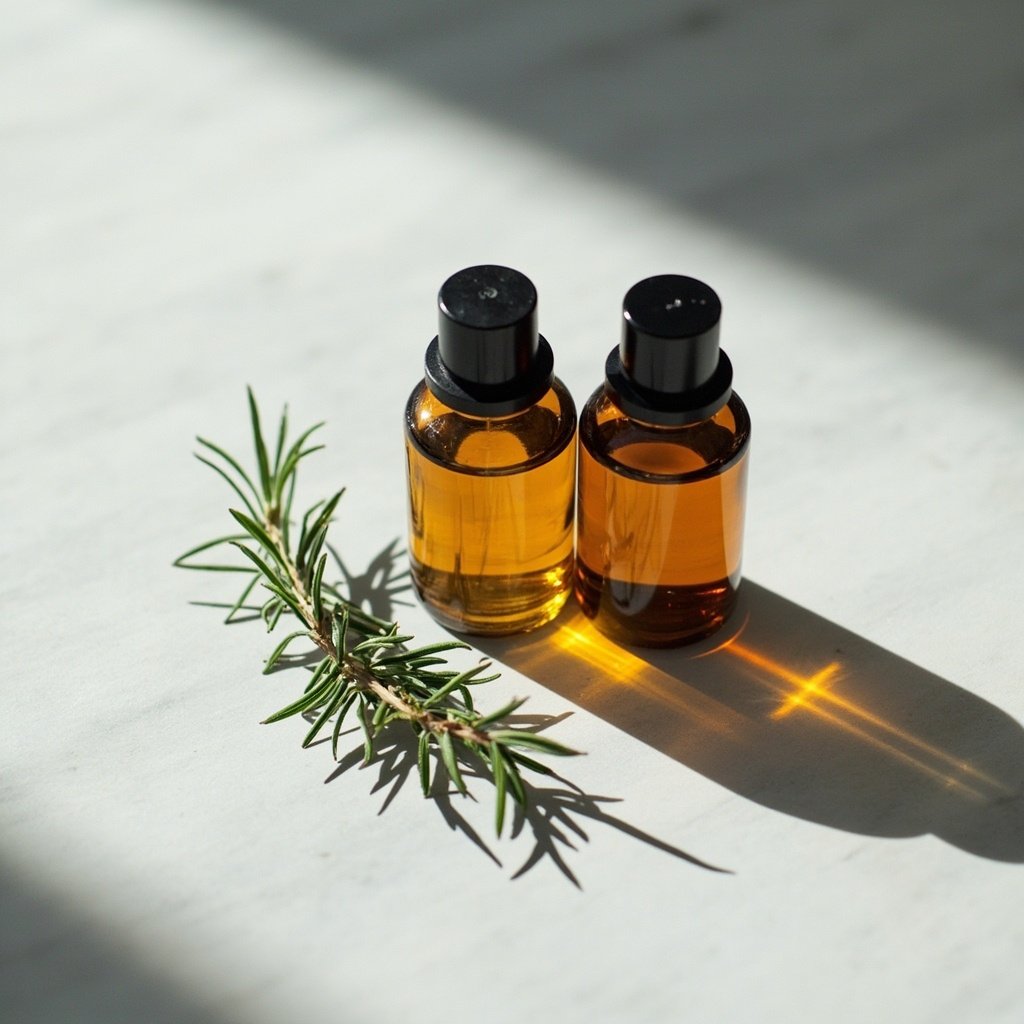 A product still with amber bottles and rosemary