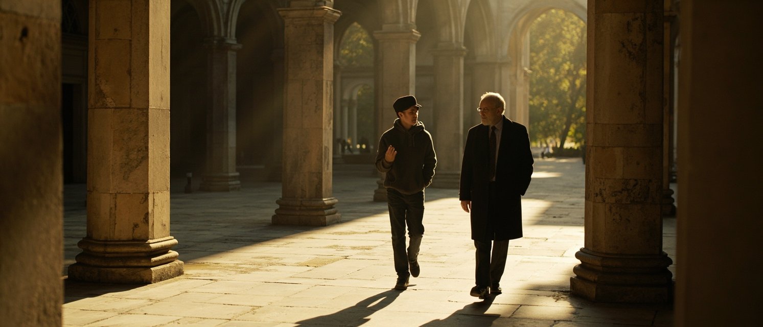 A teacher and a student walking in conversation beneath a colonnade